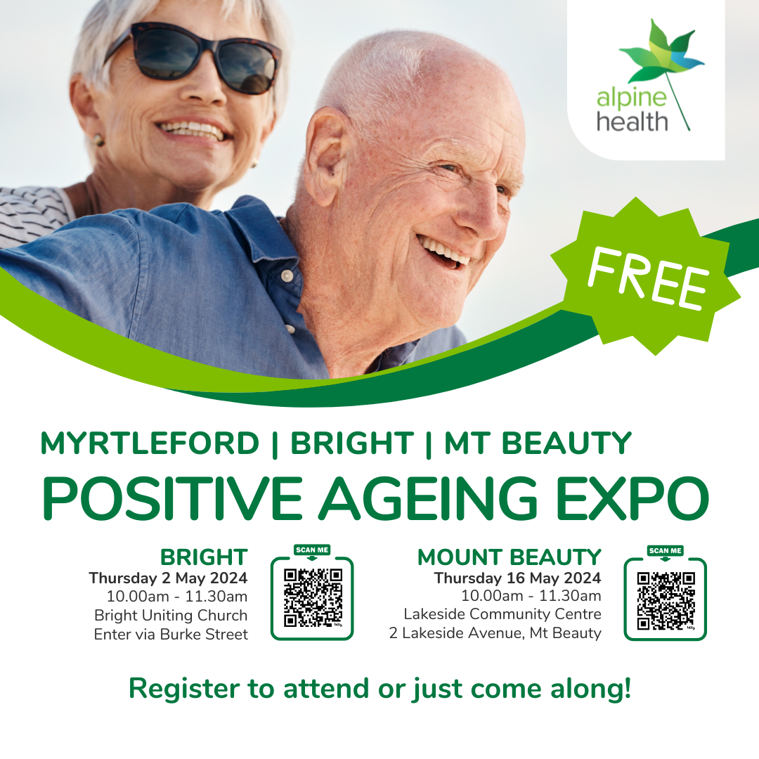 an older couple smiling and advertsiement of positive ageing expo in bright and myrtleford